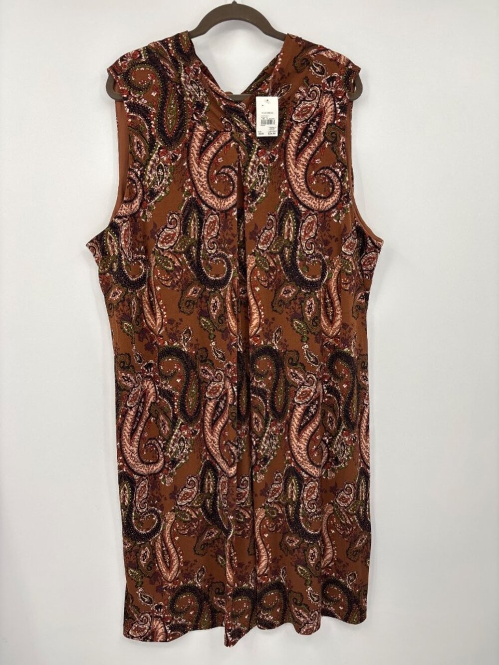 Cato Est 1946 Sleeveless Paisley Dress Neck Back Tie Fringe Brown Sz 26W 28W NEW